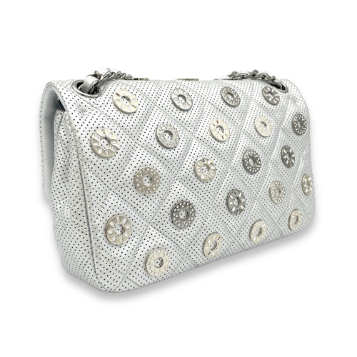 Paris Dubai Flap Silver Shoulder Bag in Perforated Lambskin, Silver hardware