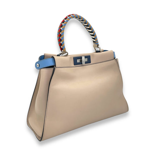 Peekaboo Medium Beige Top Handle Bag in Calfskin, Silver hardware