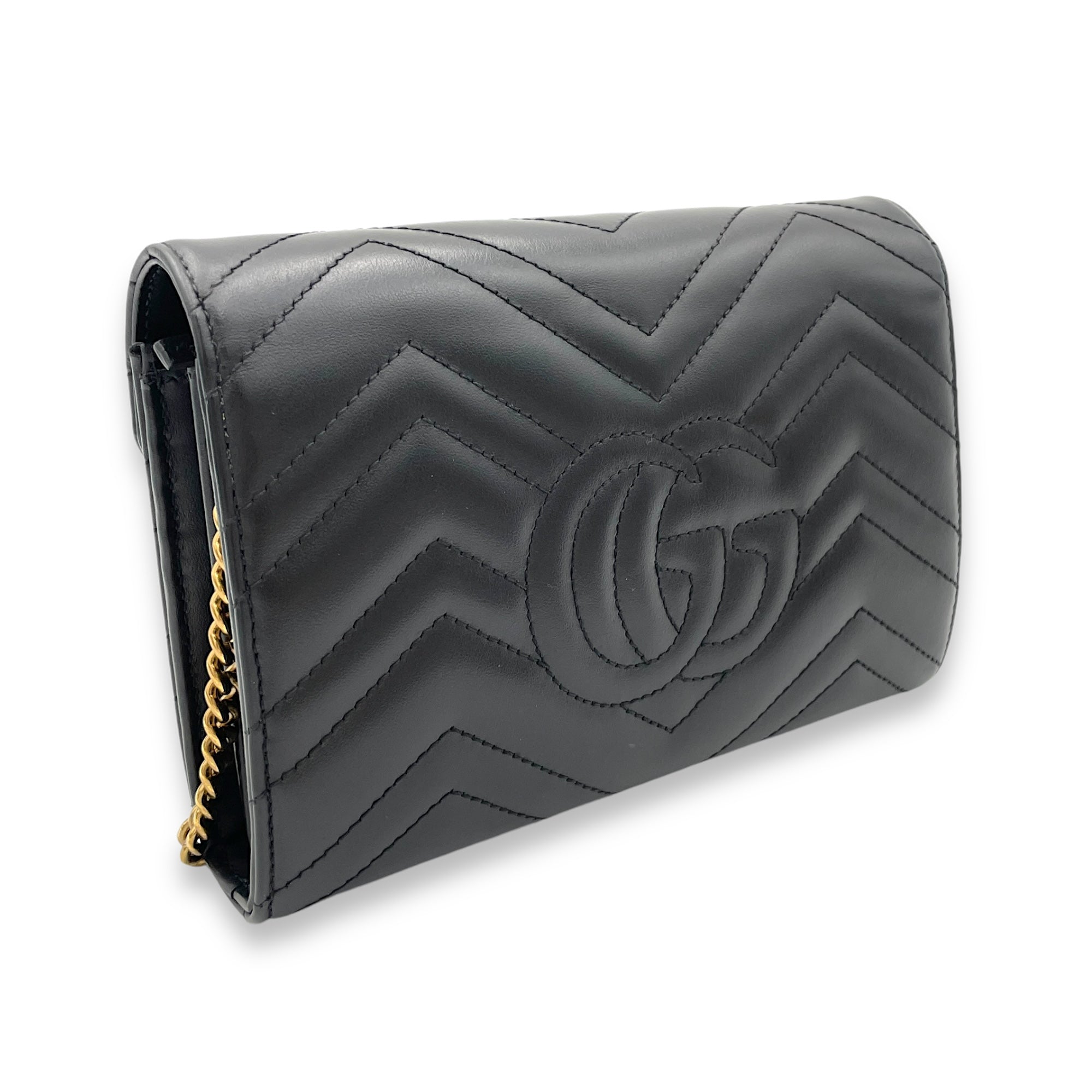 GG Marmont Small Black Wallet On Chain in Lambskin, Gold hardware