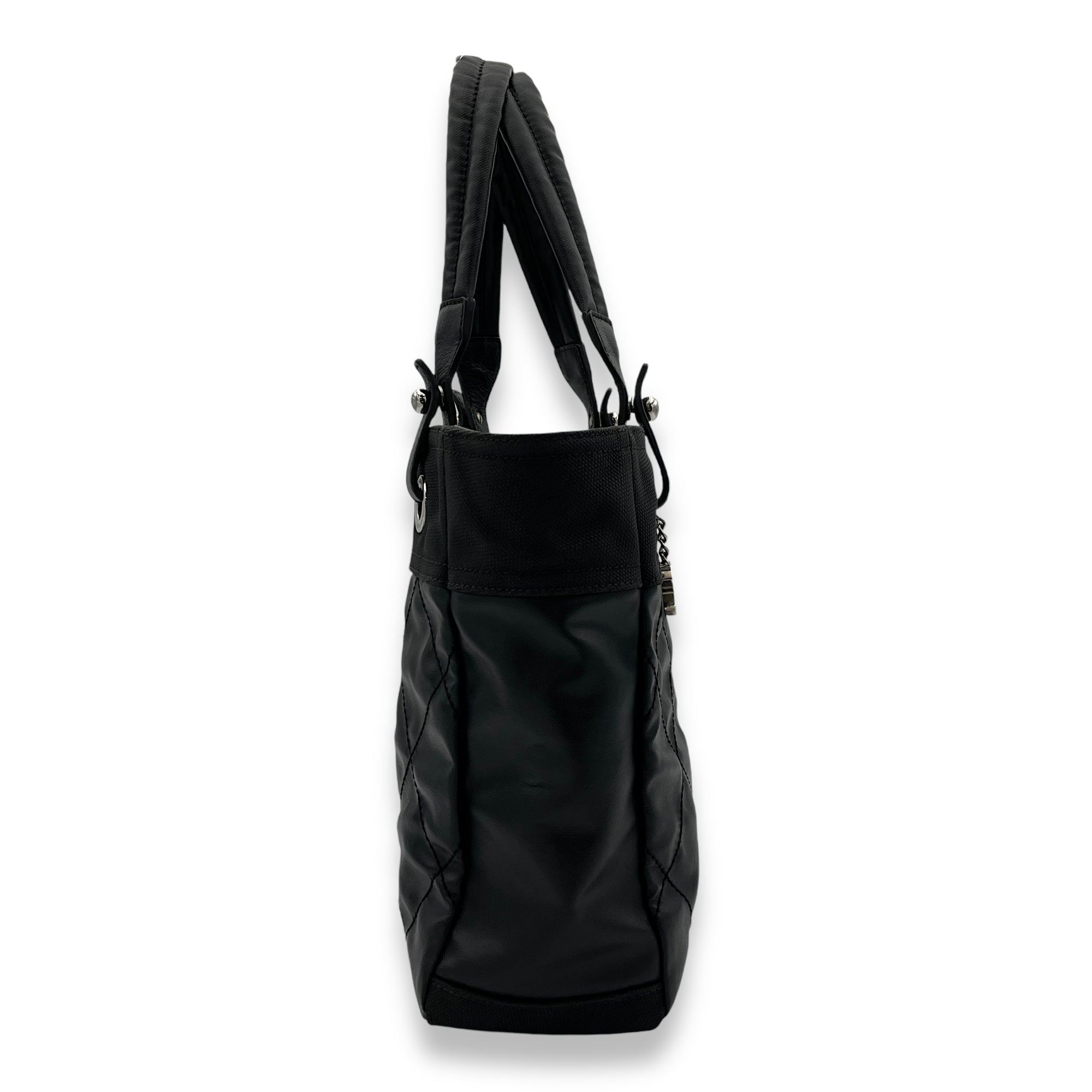 Paris Biarritz Small Black Tote Bag in Coated Canvas, Silver hardware