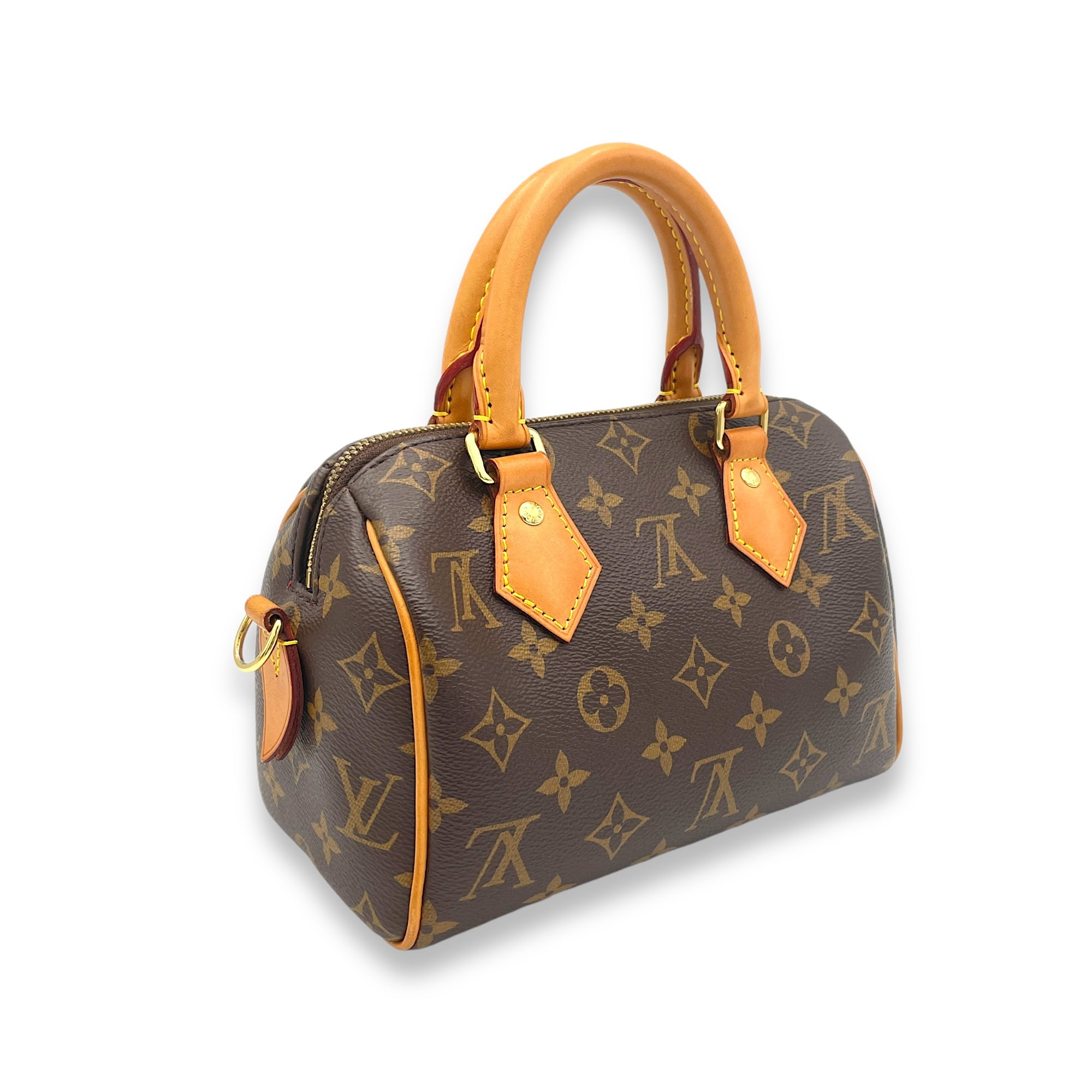 Speedy Bandouliere 20 Brown Top Handle Bag in Monogram Coated Canvas, Gold hardware