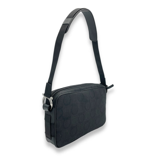 Gancini Shoulder Bag Black in Jacquard, Silver hardware