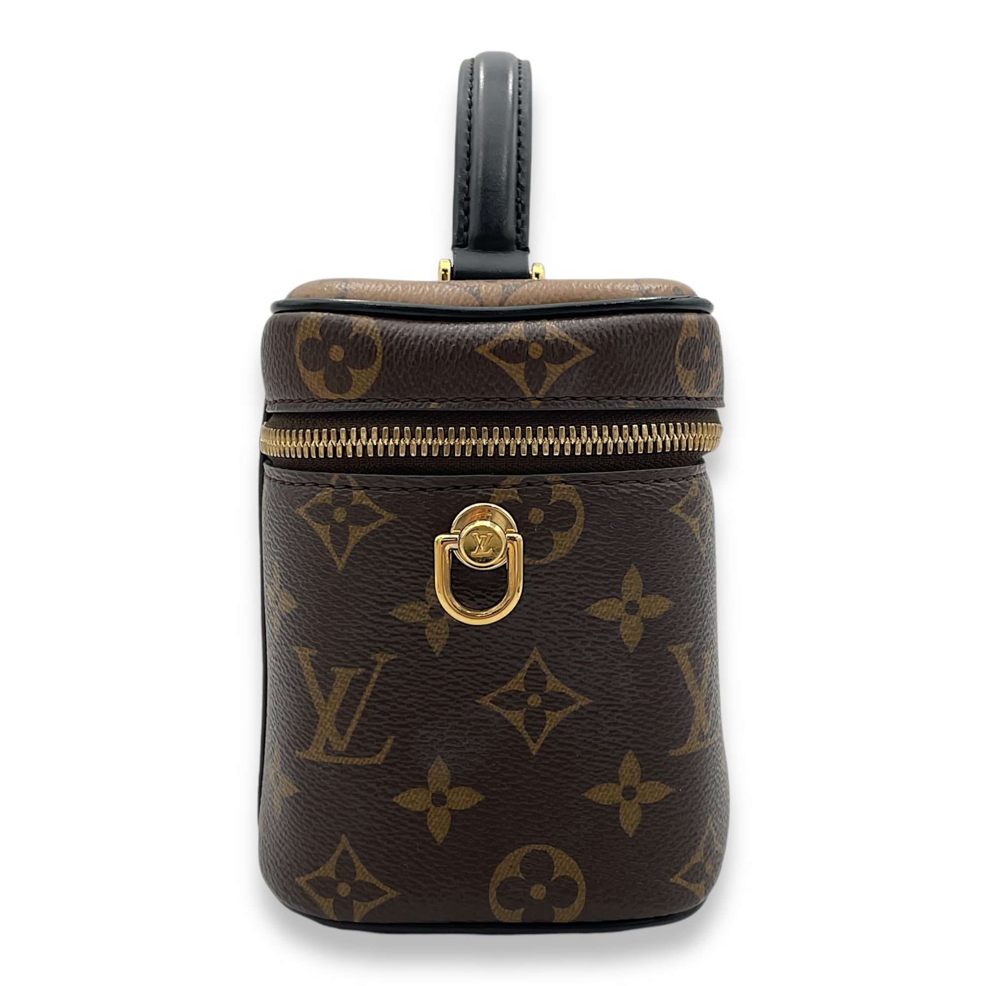 Reverse Vanity PM Brown Top Handle Bag in Monogram Coated Canvas, Gold hardware