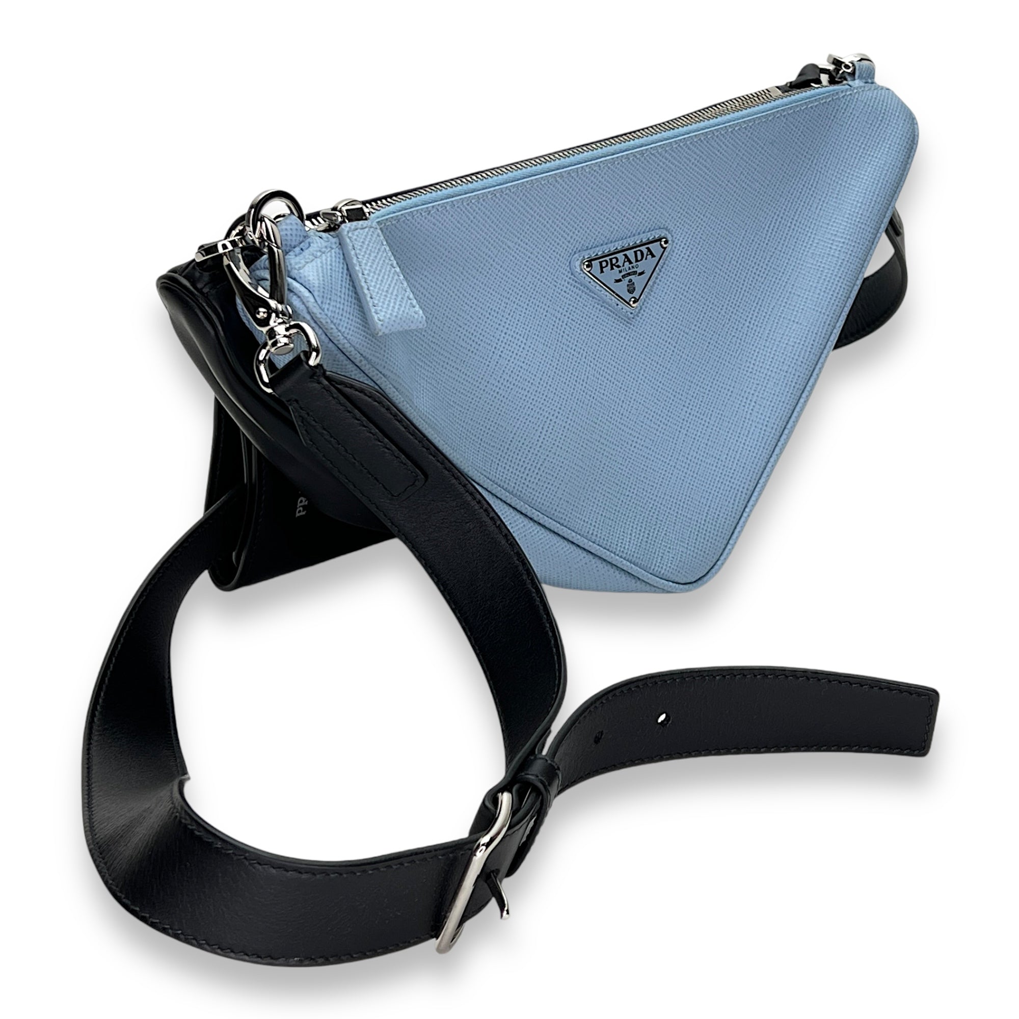 Double Triangle Logo Shoulder bag in Saffiano leather, Silver Hardware