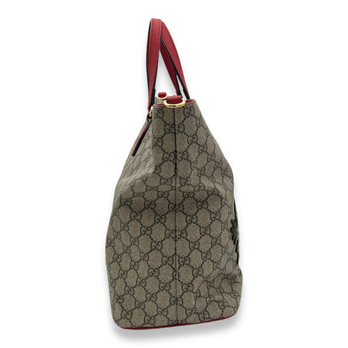 GG Supreme Snake Heart Embroidered Brown Top Handle Bag in Monogram Coated Canvas, Gold hardware