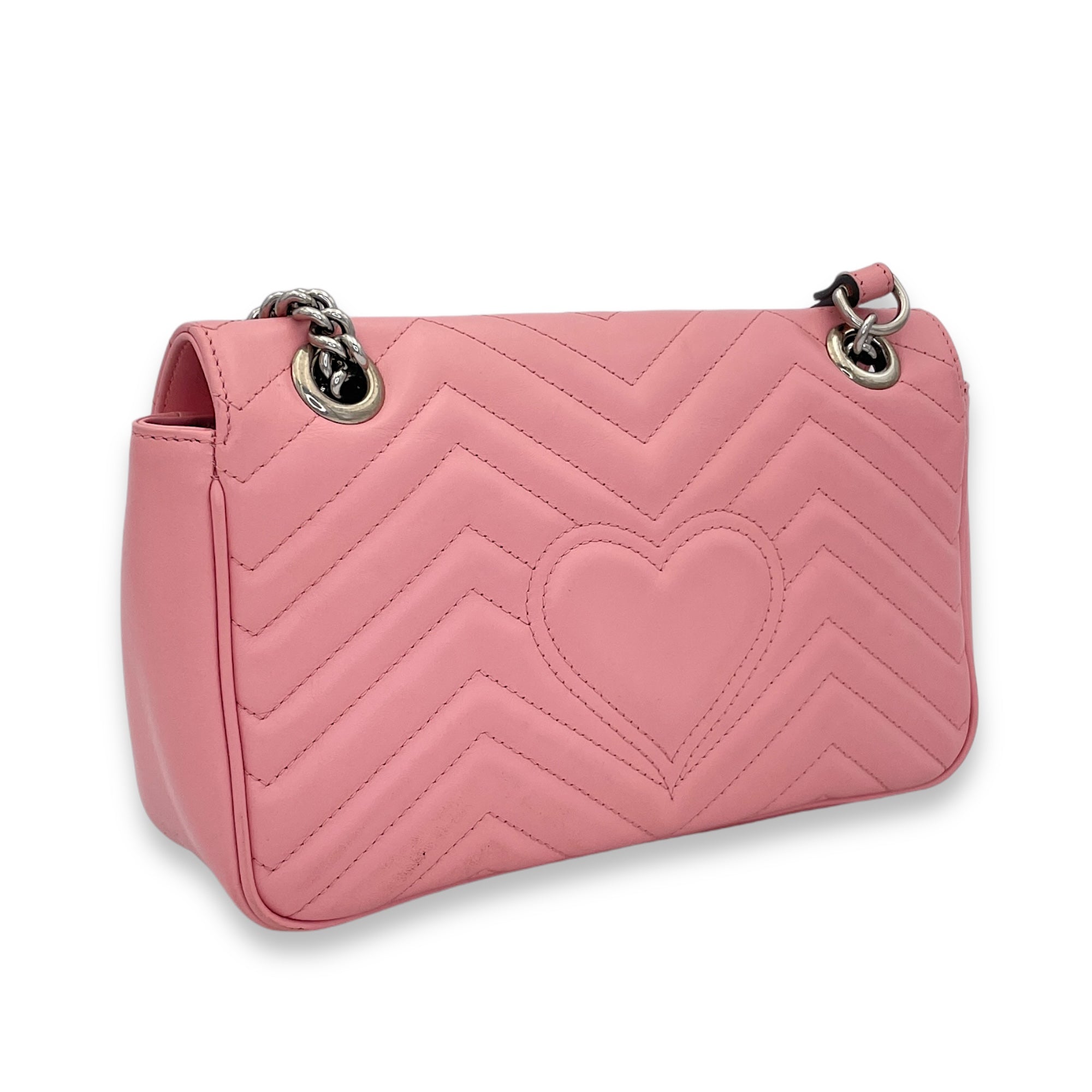 GG Marmont Small Pink Shoulder Bag in Calfskin, Silver hardware