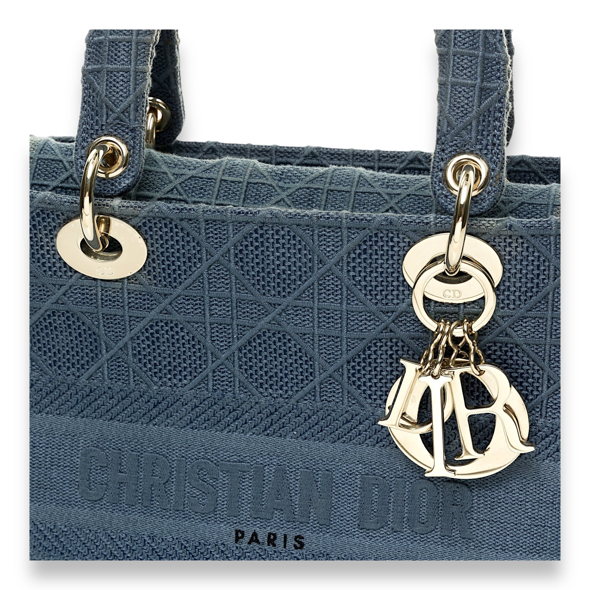 Embroidered Cannage Lady D-Lite Medium Top handle bag in Canvas, Silver Hardware