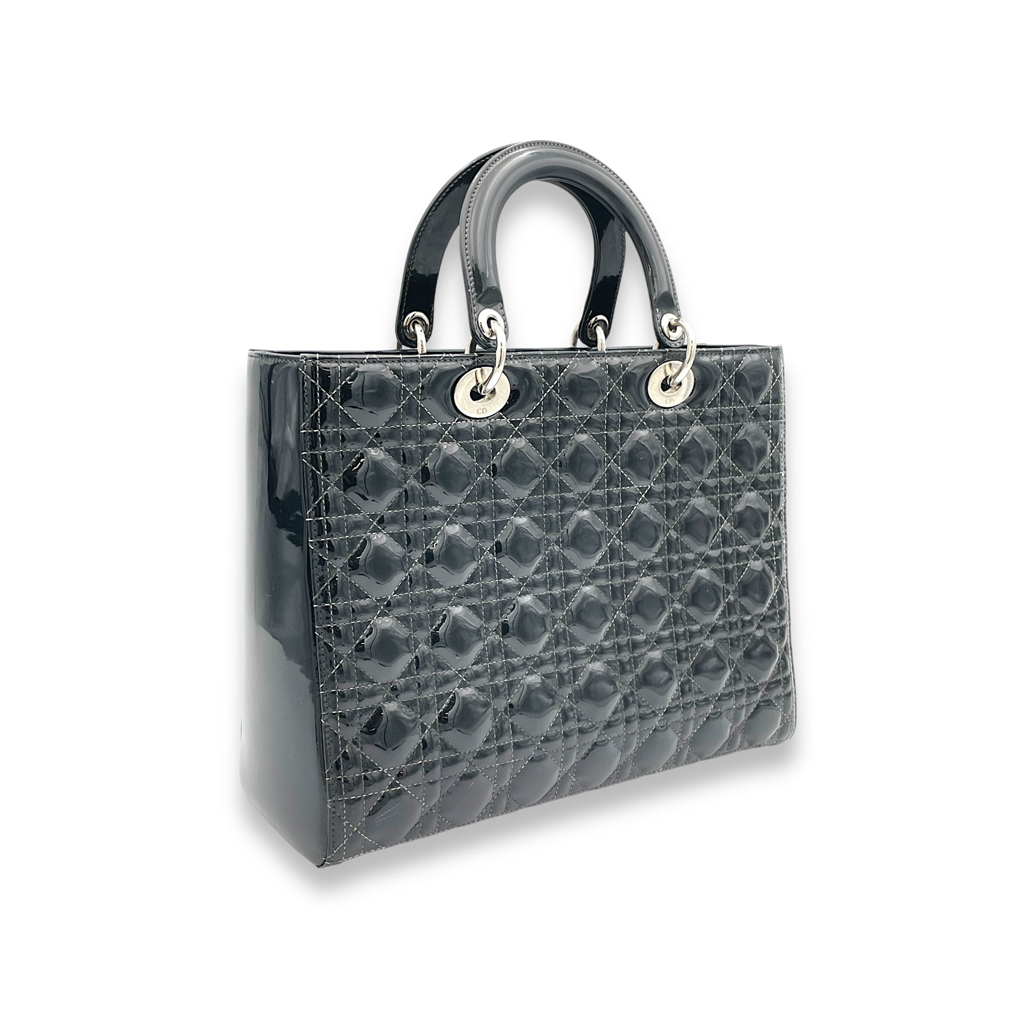 Lady Dior Large Top handle bag in Patent leather, Silver Hardware