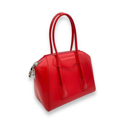 Lock Antigona Small Red Top Handle Bag in Calfskin, Silver hardware