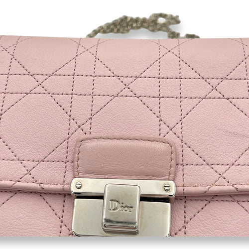 Cannage Stitched Diorling Pink Wallet On Chain in Calfskin, Silver hardware