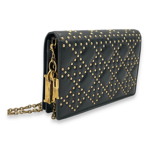 Studded Black Wallet On Chain in Lambskin, Gold hardware