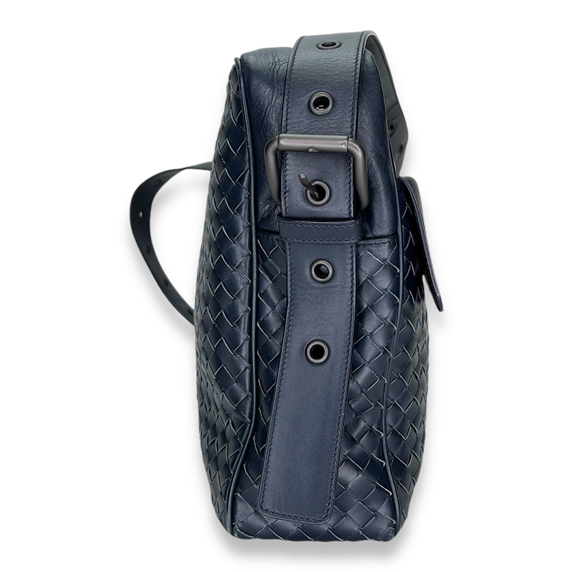 Intrecciato  Messenger Bag Navy in Calfskin, Ruthenium