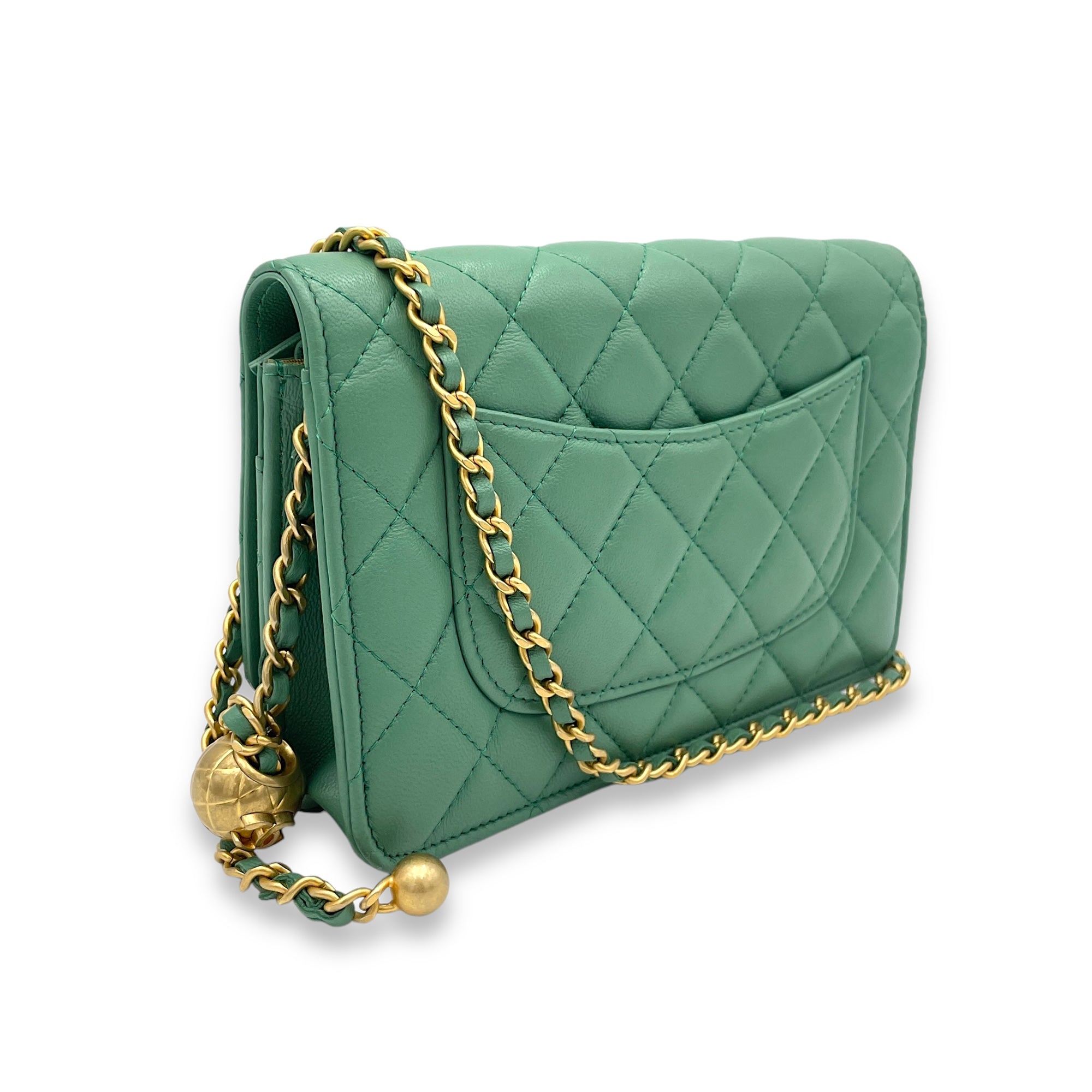 Pearl Crush Crossbody Bag Green in Lambskin, Gold hardware