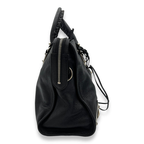 Metallic Edge City Top Handle Bag Black in Goat Leather, Silver hardware