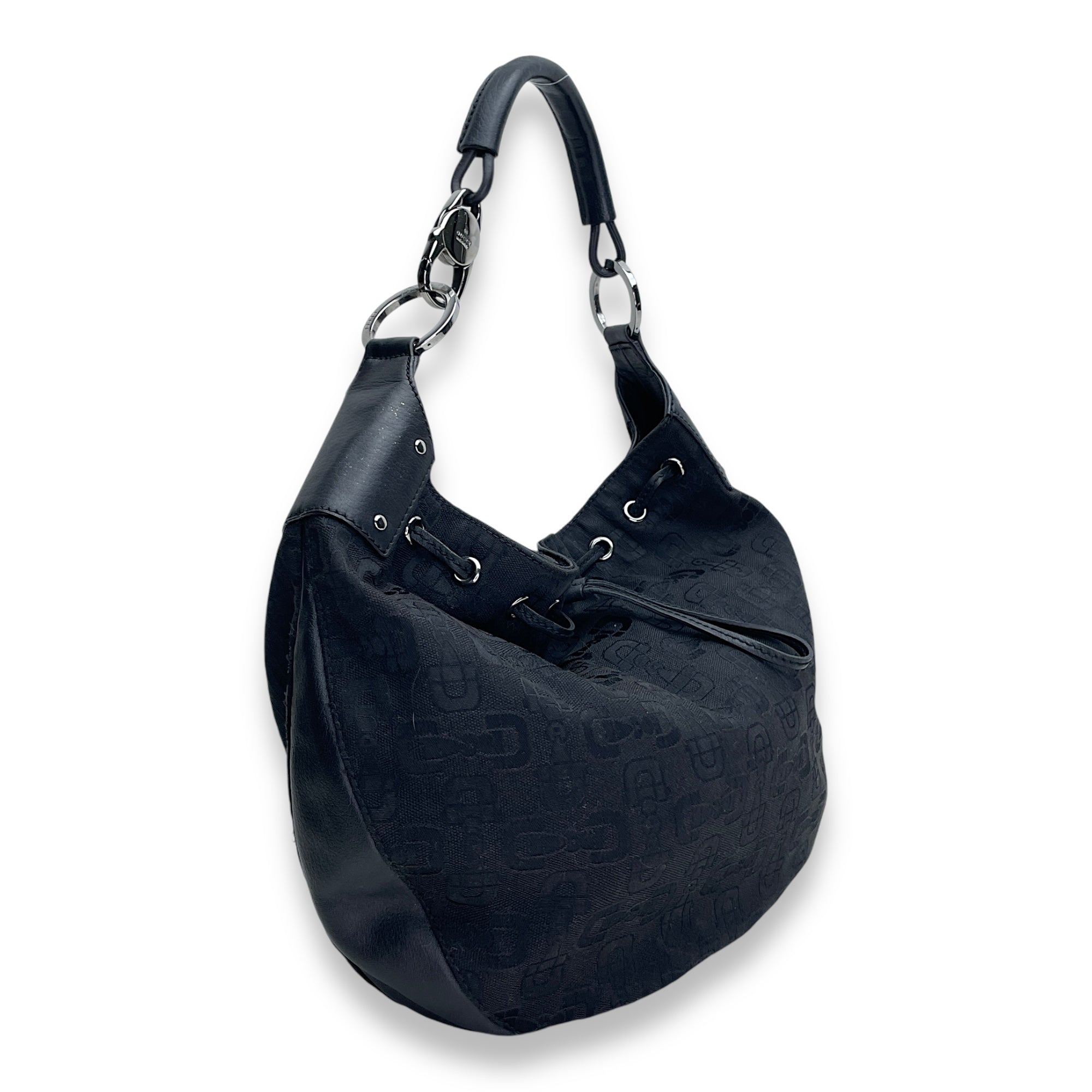 Drawstring Hobo Shoulder bag in Canvas, Silver Hardware