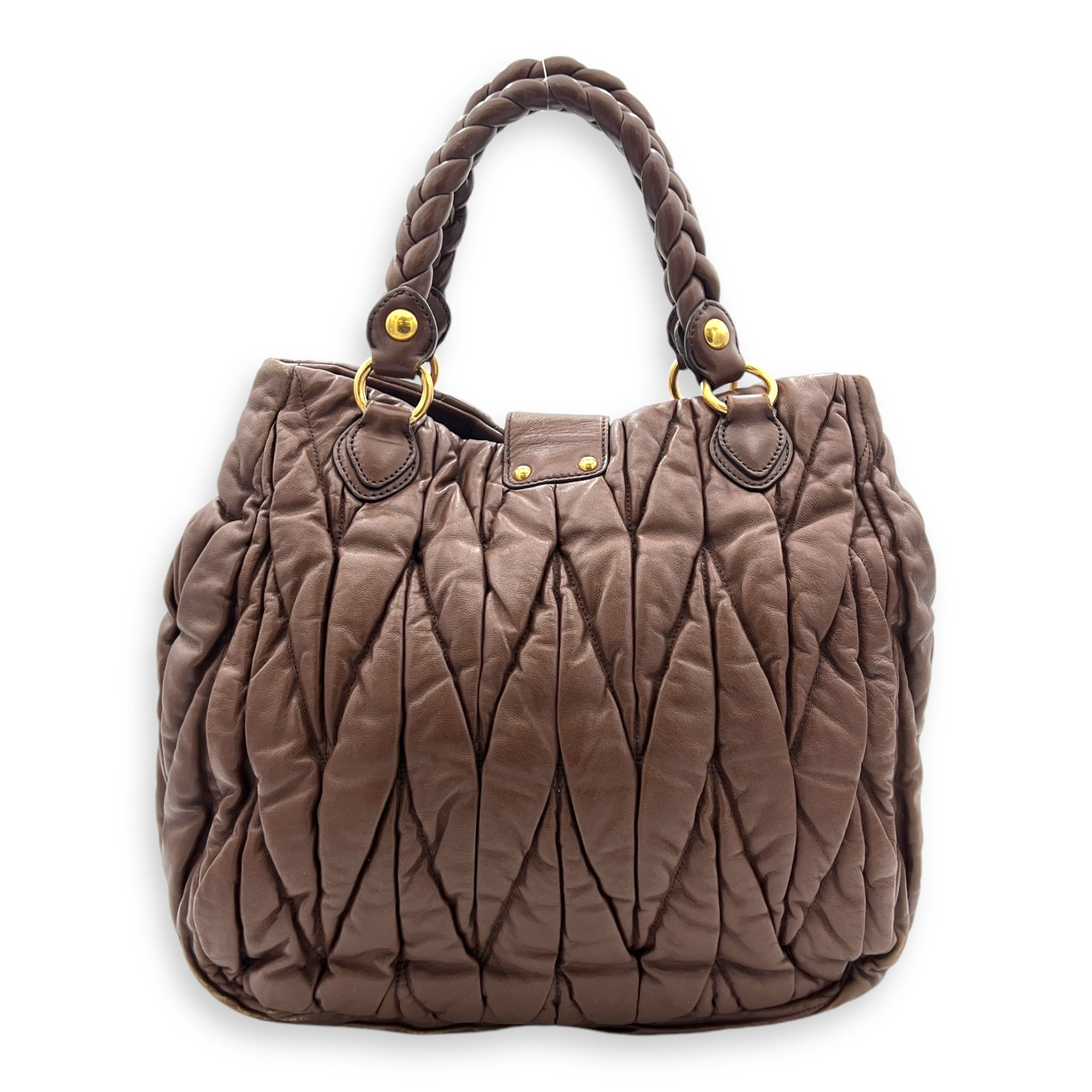 Matelassé Brown Top Handle Bag in Calfskin, Gold hardware