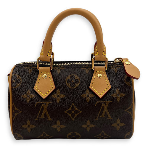 Speedy Bandouliere Nano Brown Top Handle Bag in Monogram Coated Canvas, Gold hardware