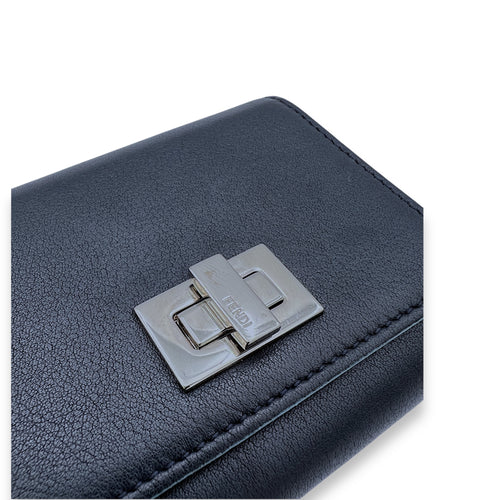 Flap Compact Black Card Holder in Calfskin, Silver hardware