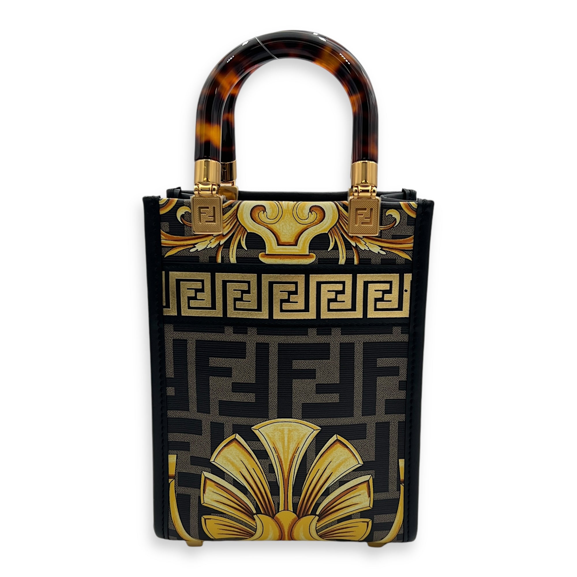 Fendace Sunshine Shopper Top Handle Bag Mini Printed FF in Calfskin, Gold hardware