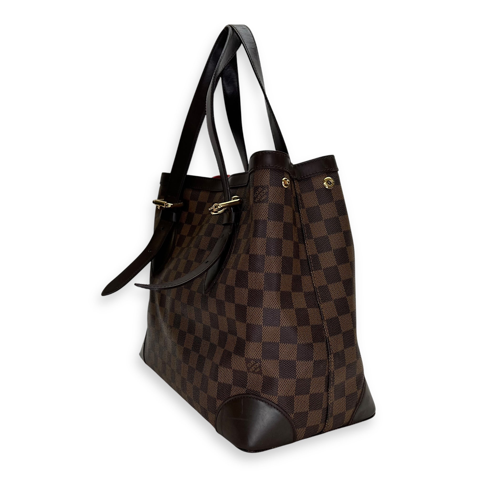 Hampstead MM Damier Ebene Top Handle Bag in Coated Canvas, Gold hardware