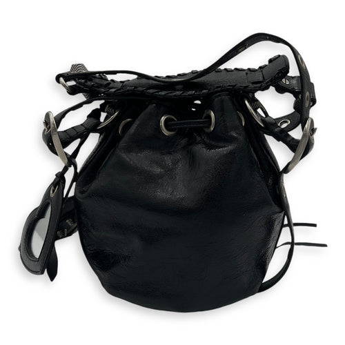 Le Cagole XS Black Bucket Bag in Distressed Leather, Silver hardware