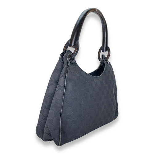 GG Bamboo Black Top Handle Bag in Canvas, Gunmetal hardware