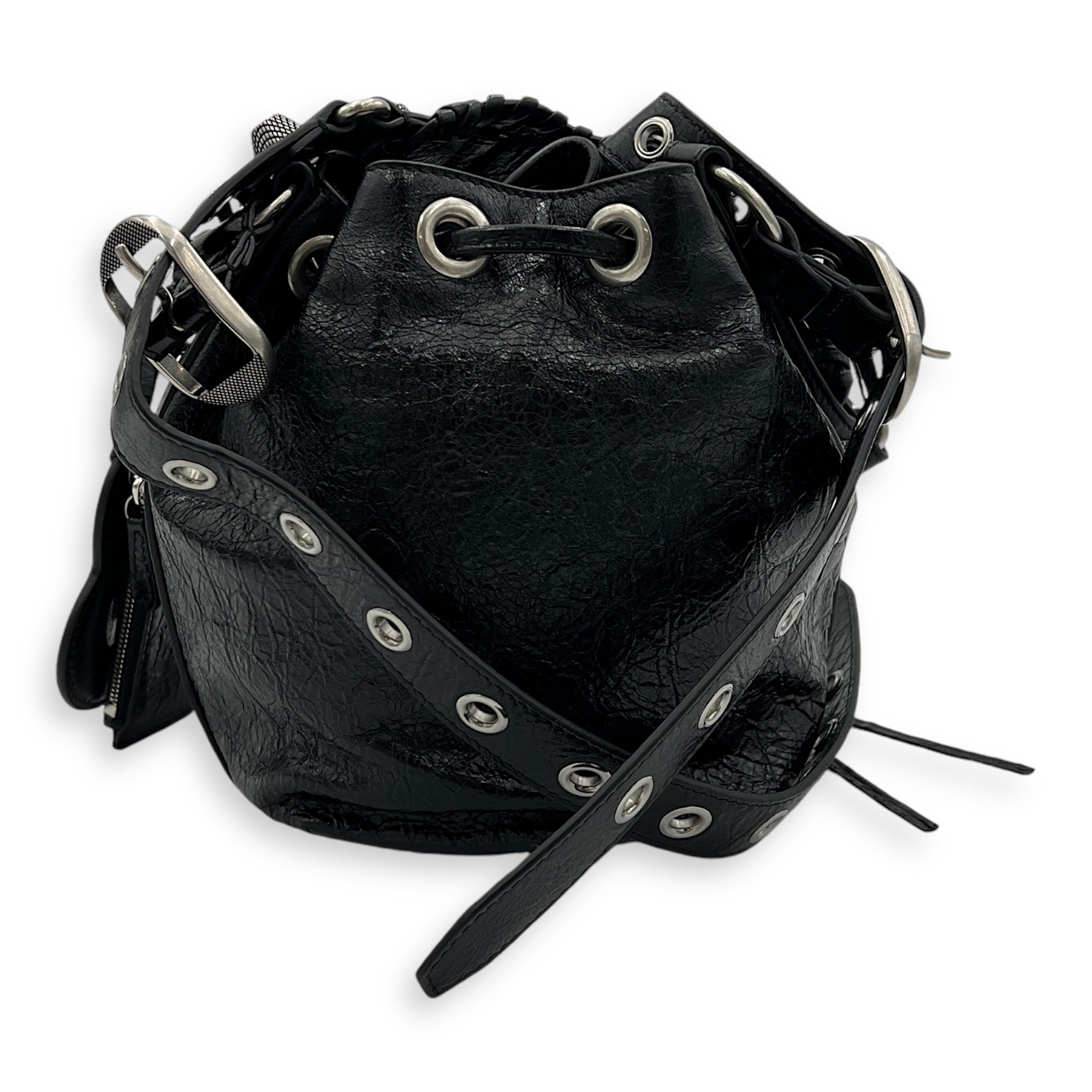 Le Cagole XS Black Bucket Bag in Distressed Leather, Silver hardware