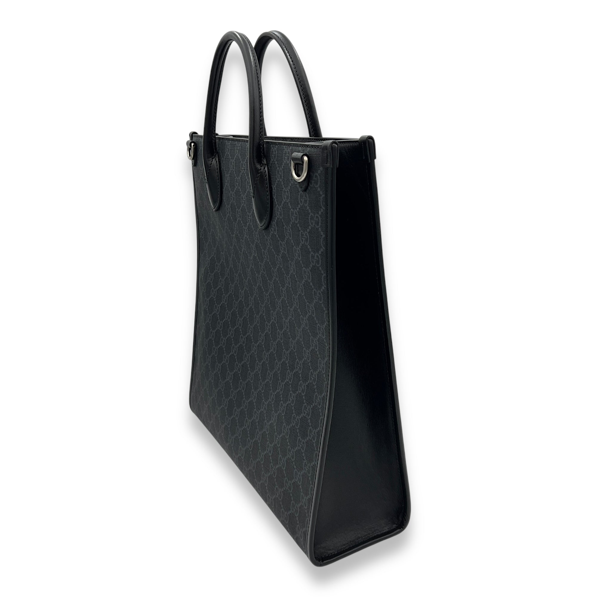 Interlocking G Tote Bag Medium Black in Monogram Coated Canvas, Silver hardware