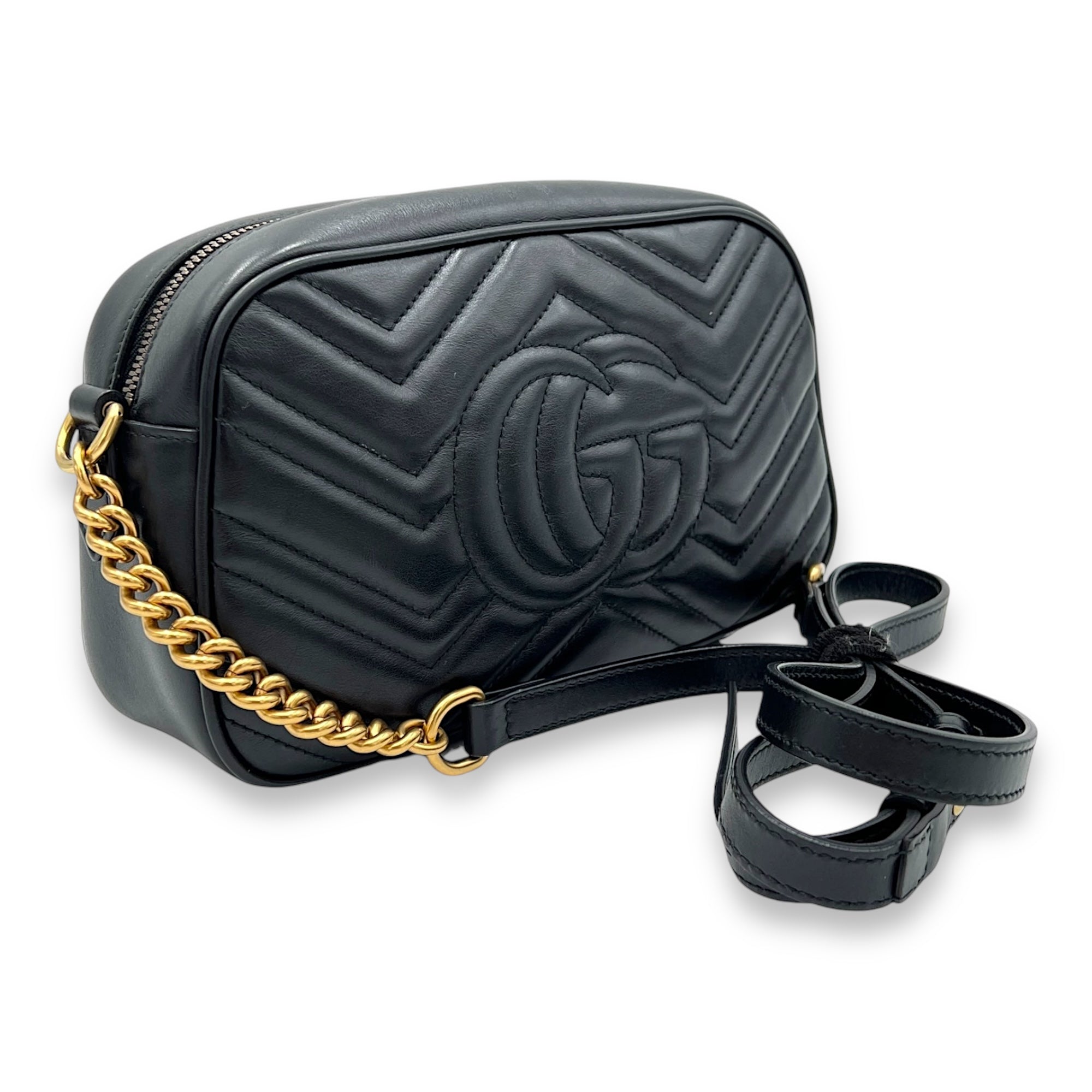 GG Marmont Small Black Crossbody Bag in Calfskin, Gold hardware