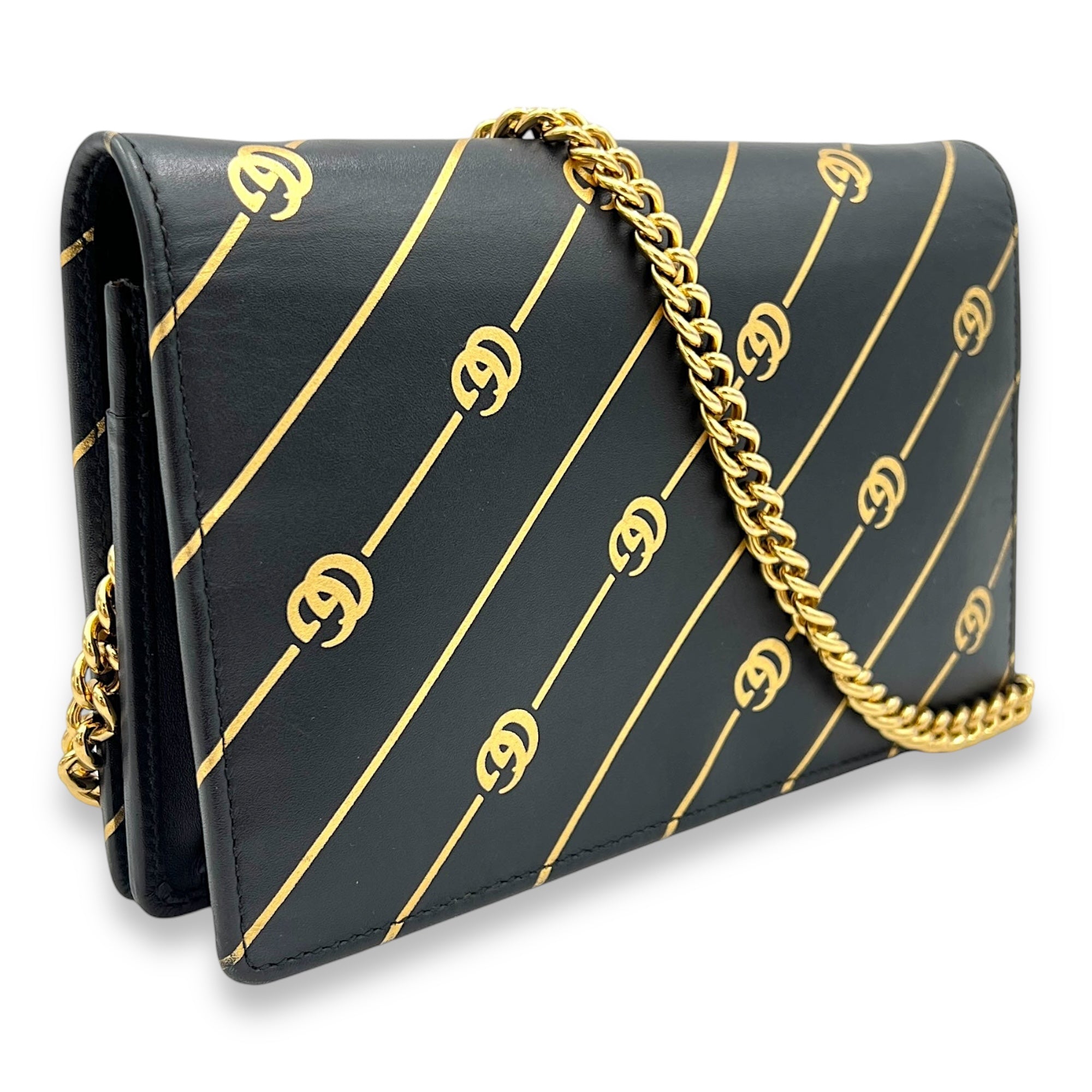 GG Black Wallet On Chain in Calfskin, Gold hardware