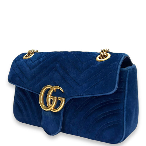 GG Marmont Small Blue Shoulder Bag in Velvet, Gold hardware