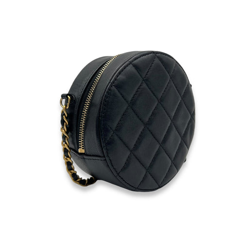 Round CC Crossbody Bag Black in Lambskin, Gold hardware