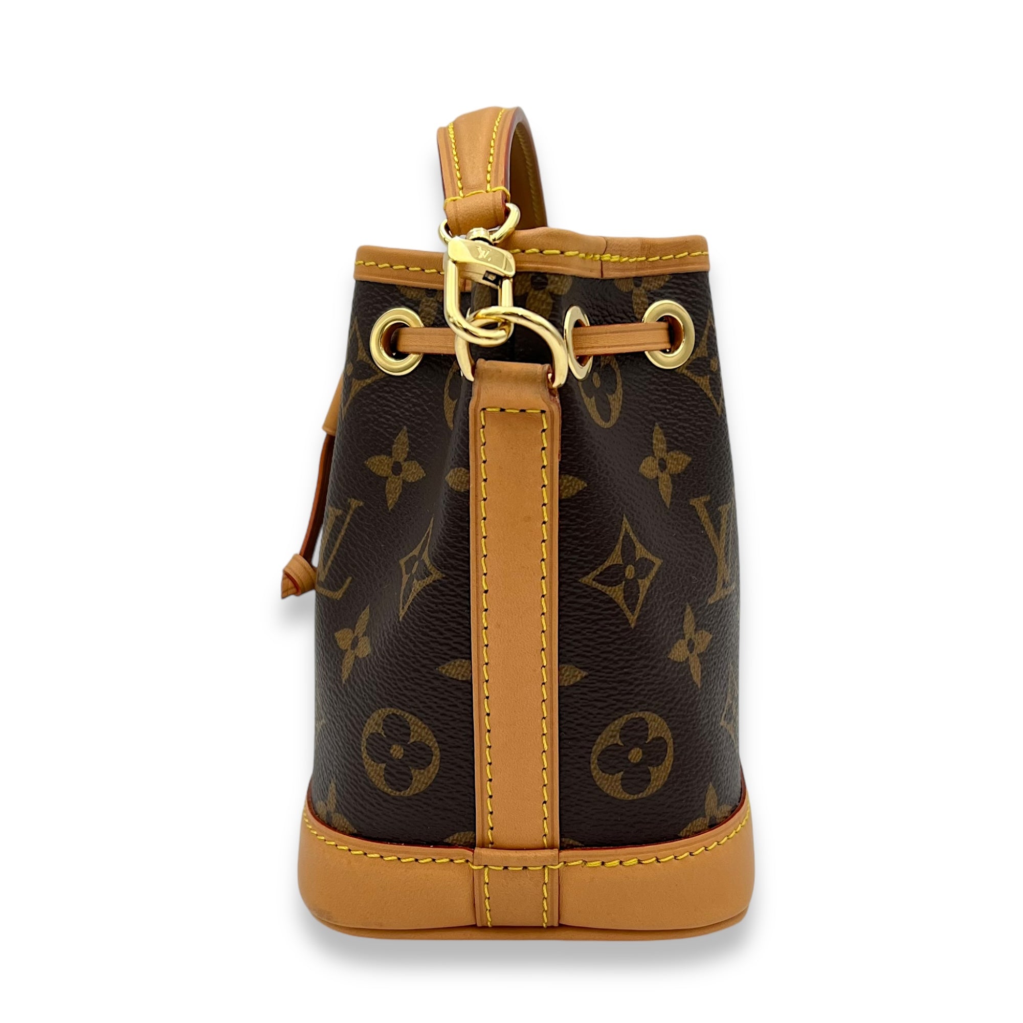 Noe Bucket Bag Nano Brown in Monogram Coated Canvas, Gold hardware