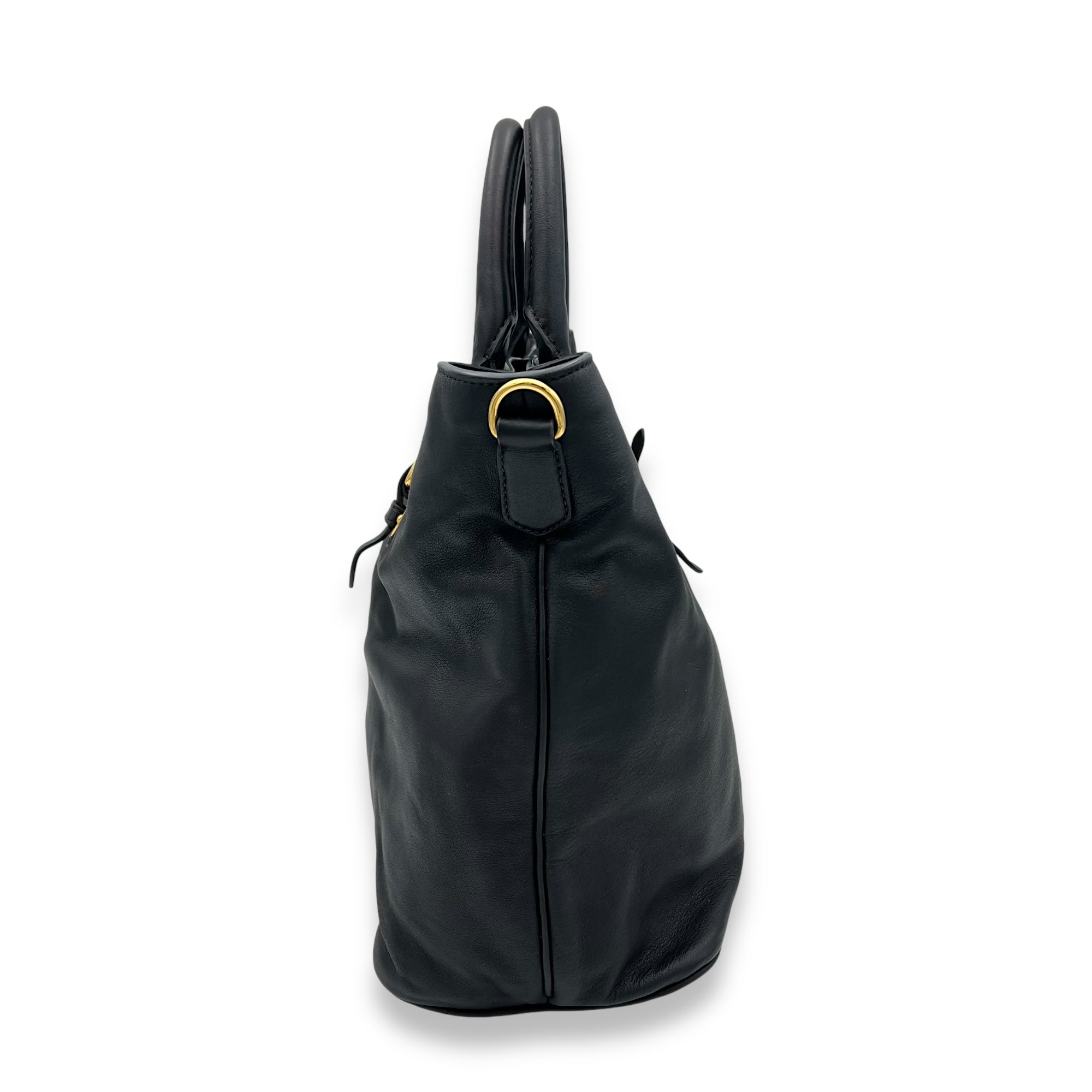 Logo Black Top Handle Bag in Calfskin, Gold hardware