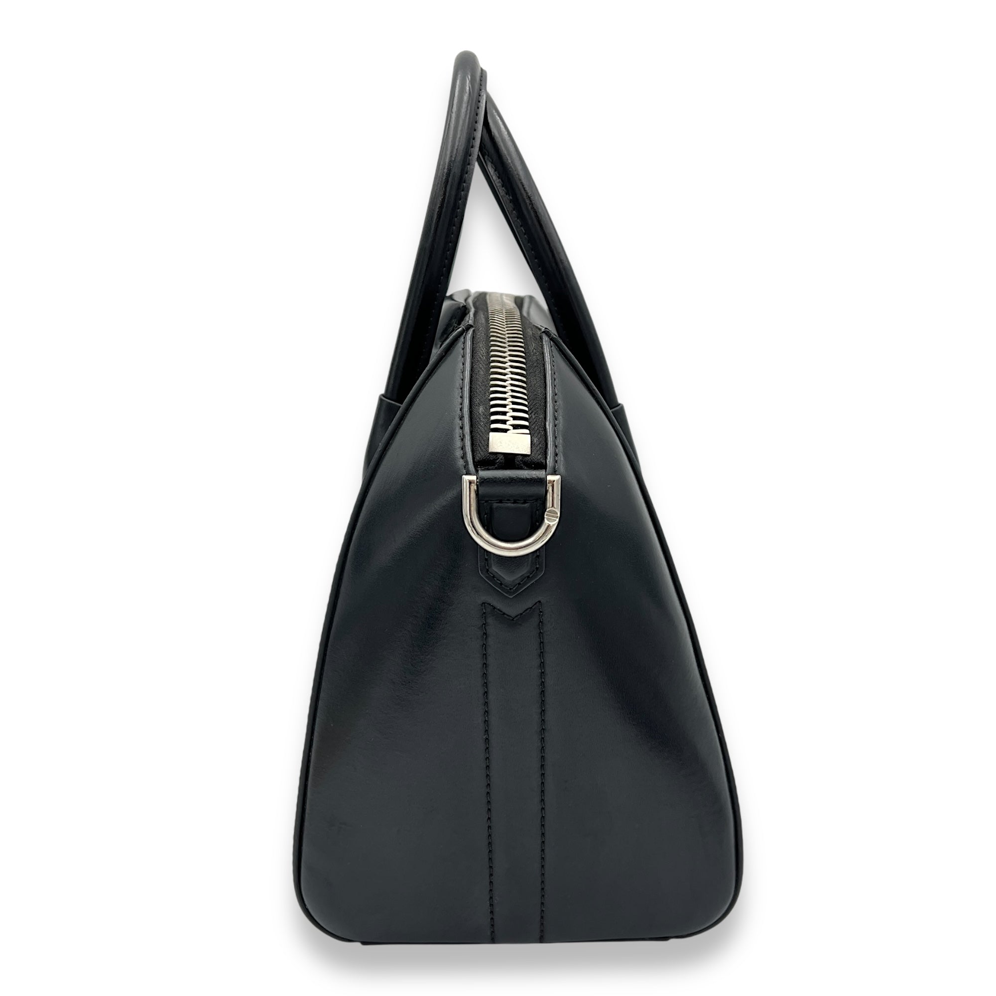 Antigona Small Black Top Handle Bag in Calfskin, Silver hardware