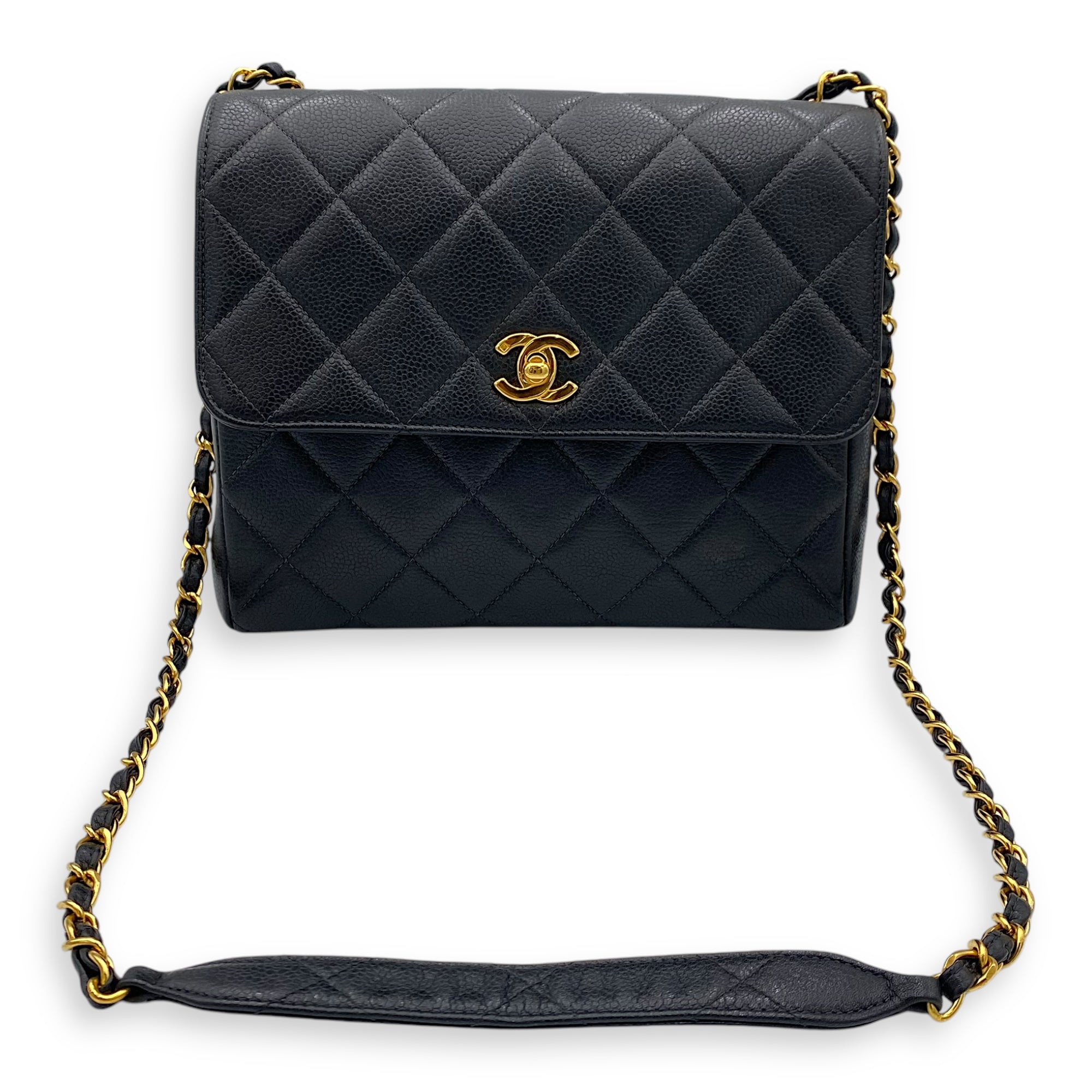 Vintage Square Flap Black Crossbody Bag in Caviar Leather, Gold hardware