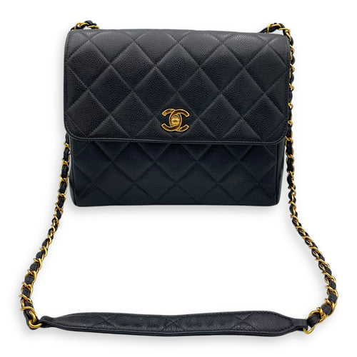 Vintage Square Flap Black Crossbody Bag in Caviar Leather, Gold hardware