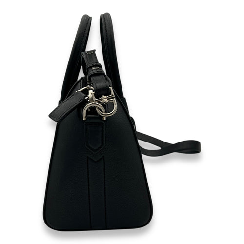 Antigona Mini Black Top Handle Bag in Goat Leather, Silver hardware