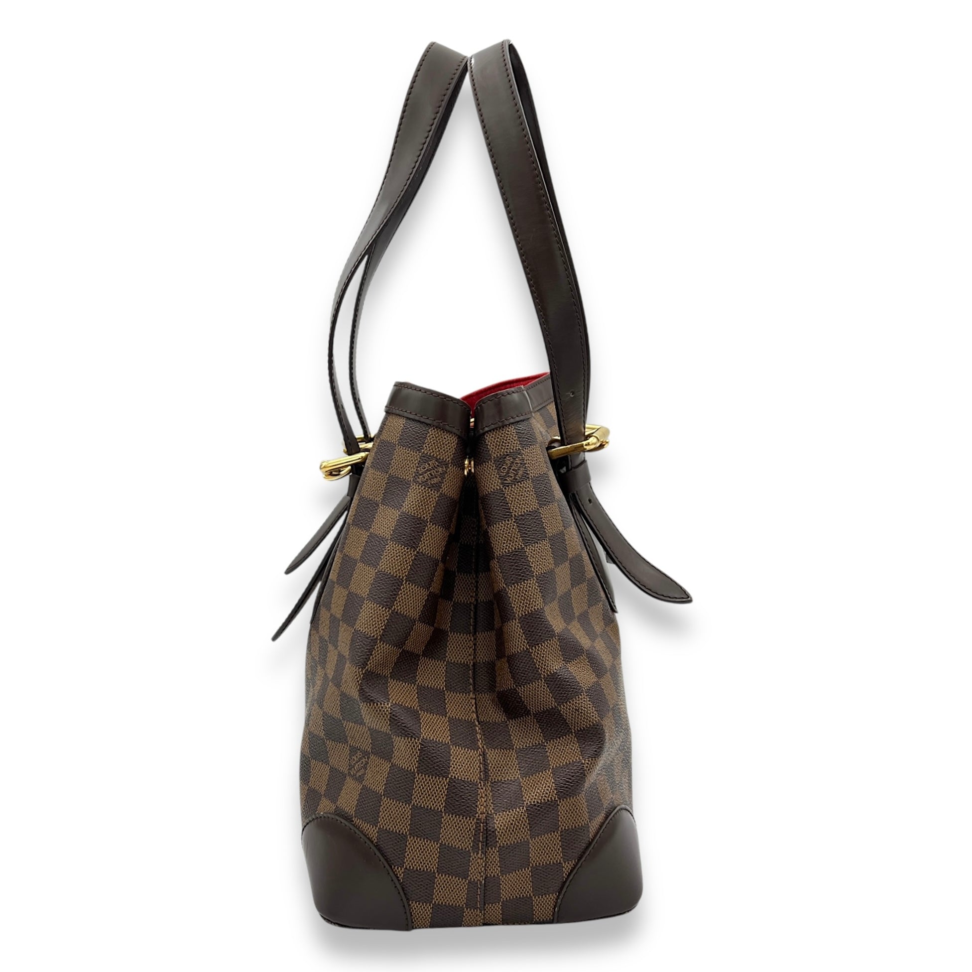 Hampstead MM Damier Ebene Top Handle Bag in Coated Canvas, Gold hardware