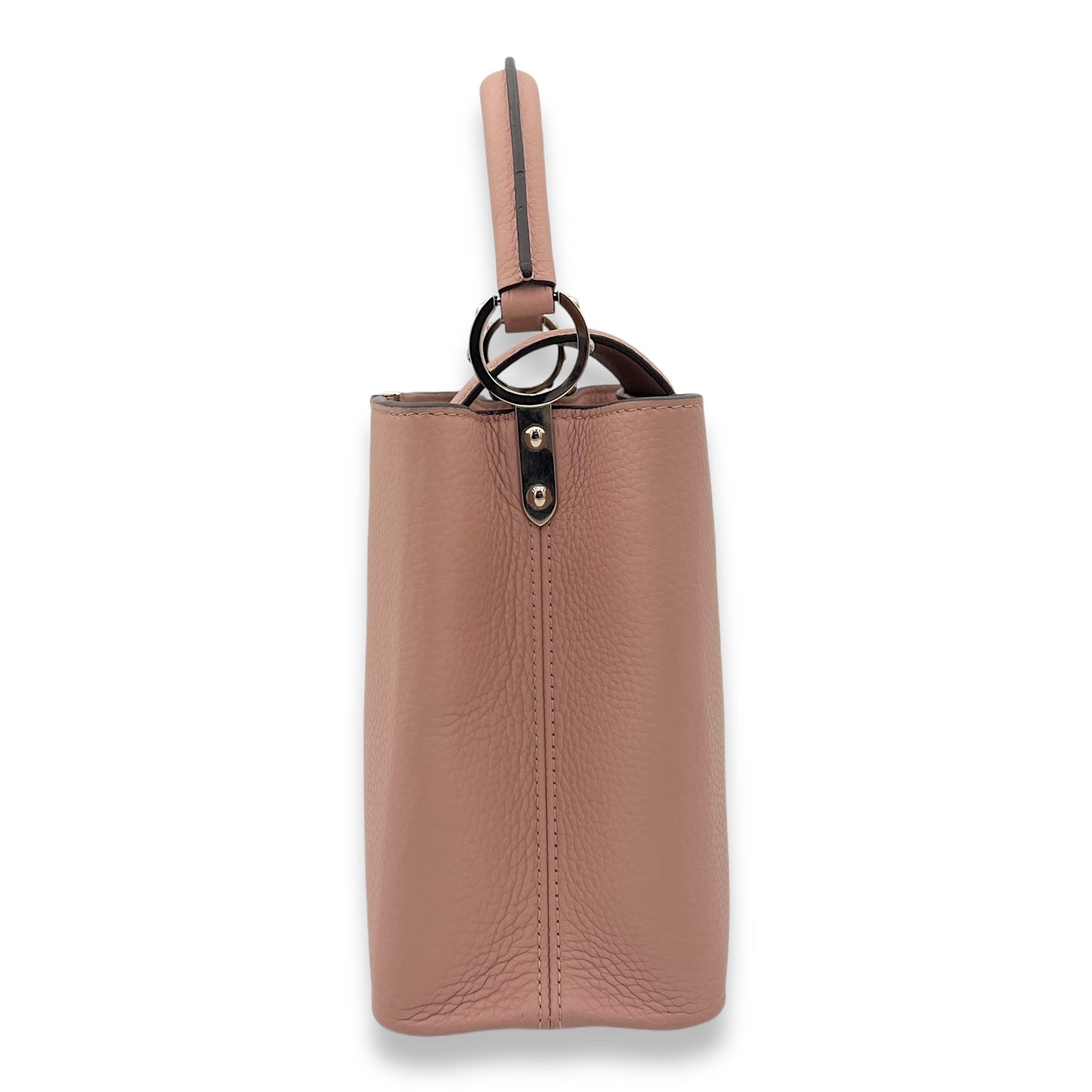 Capucines PM Pink Top Handle Bag in Taurillon Leather, Silver hardware