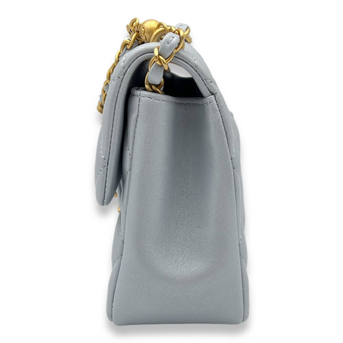 Quilted Pearl Twist Square Mini Grey Crossbody Bag in Lambskin, Gold hardware