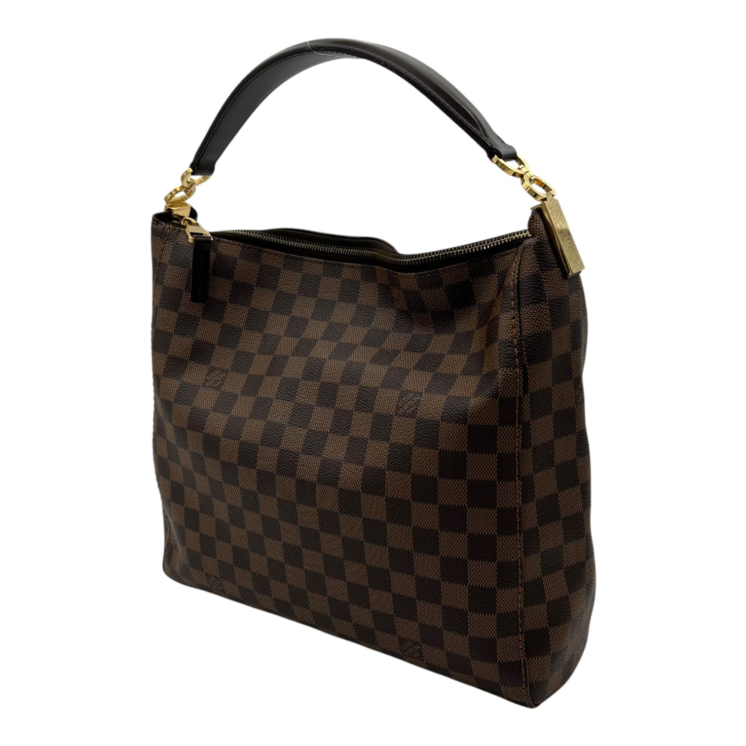 Portobello PM Damier Ebene Shoulder Bag in Coated Canvas, Gold hardware