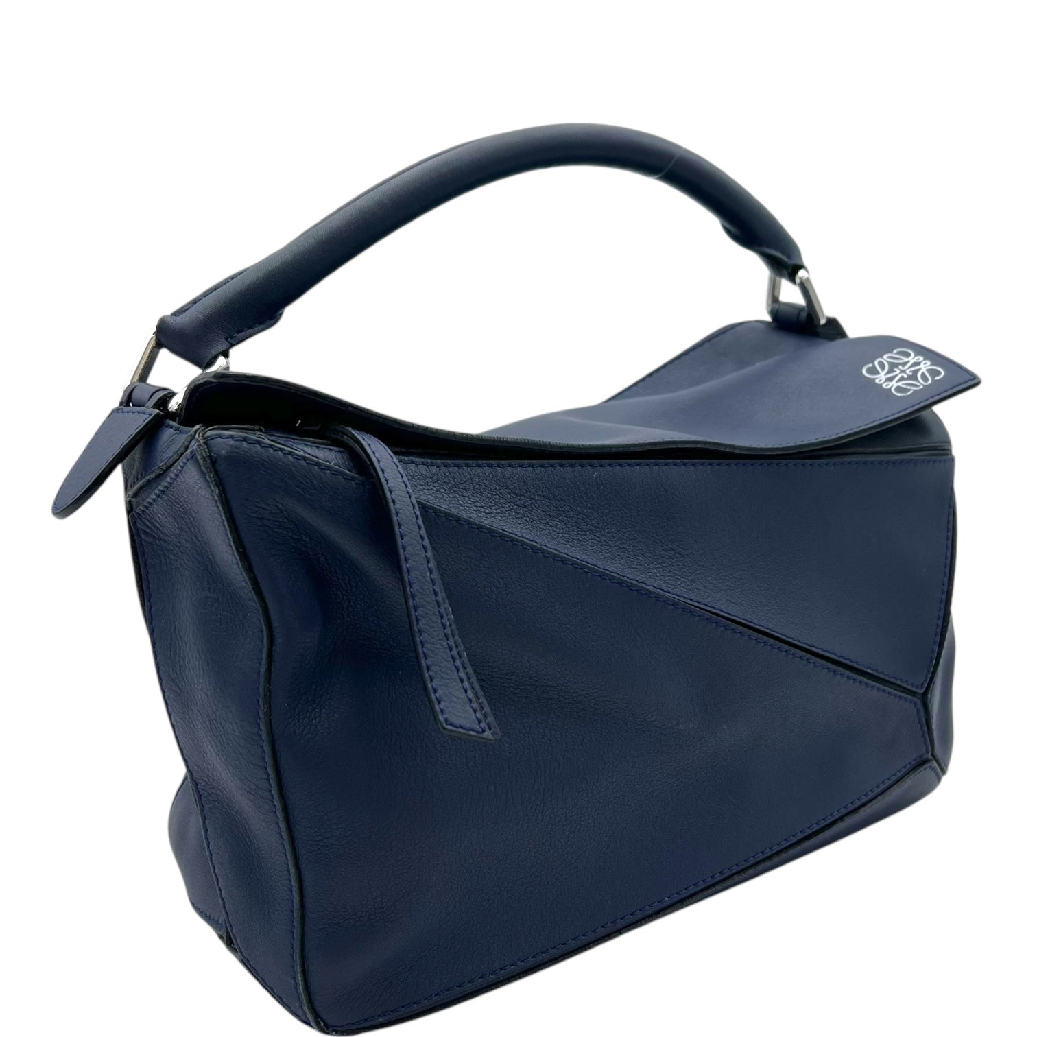 Puzzle Medium Blue Top Handle Bag in Calfskin, Silver hardware