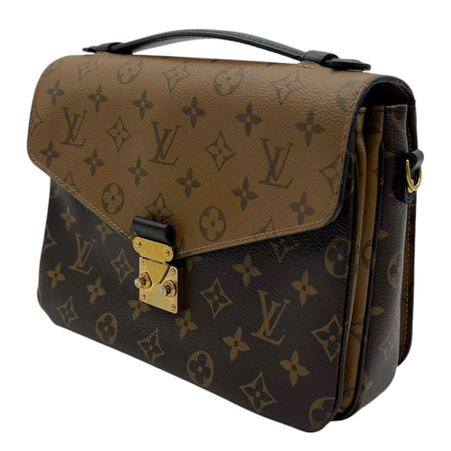 Pochette Metis Top Handle Bag Brown in Monogram Coated Canvas, Gold hardware