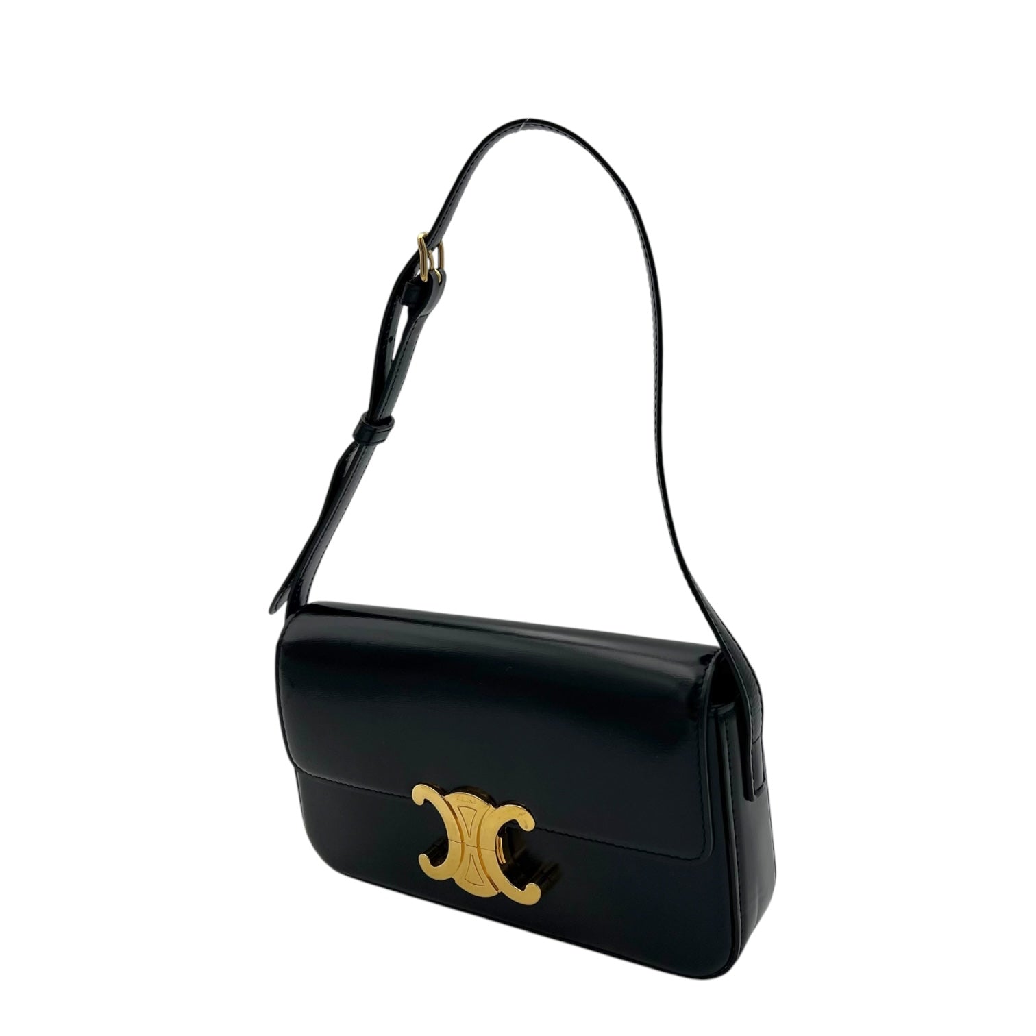 Triomphe Claude Shoulder Bag Black in Calfskin, Gold hardware