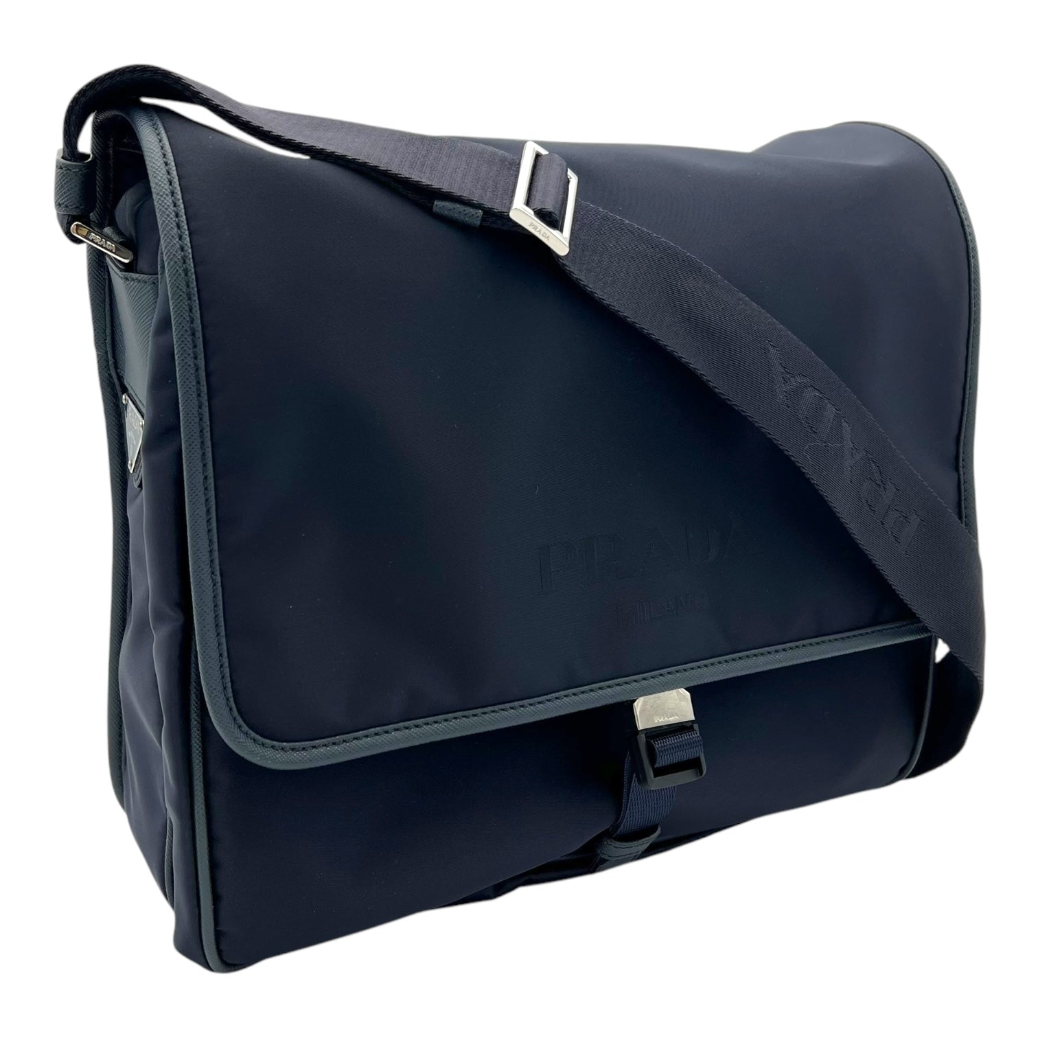 Logo Navy Messenger in Nylon, Silver hardware