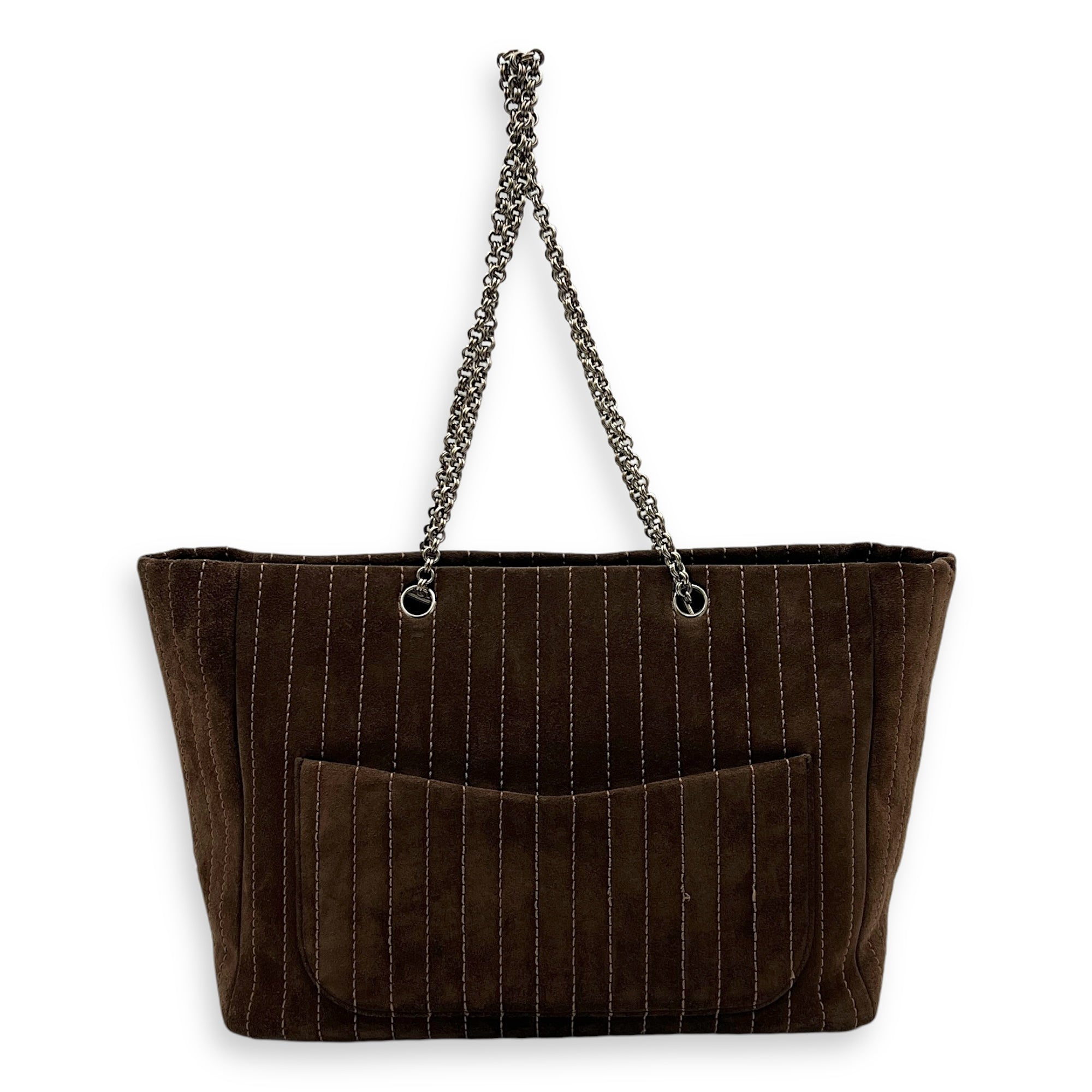 Quilted Vertical Mademoiselle Brown Tote Bag in Suede Leather, Silver hardware