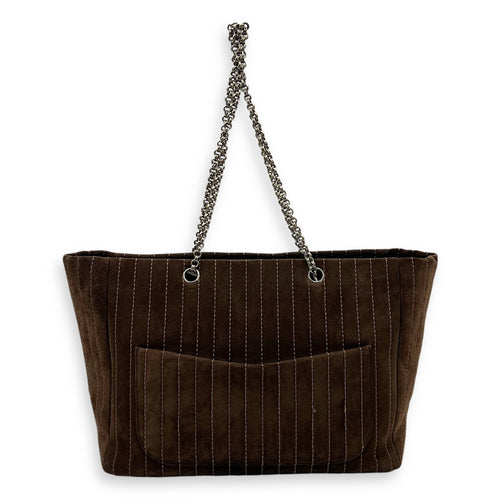 Quilted Vertical Mademoiselle Brown Tote Bag in Suede Leather, Silver hardware