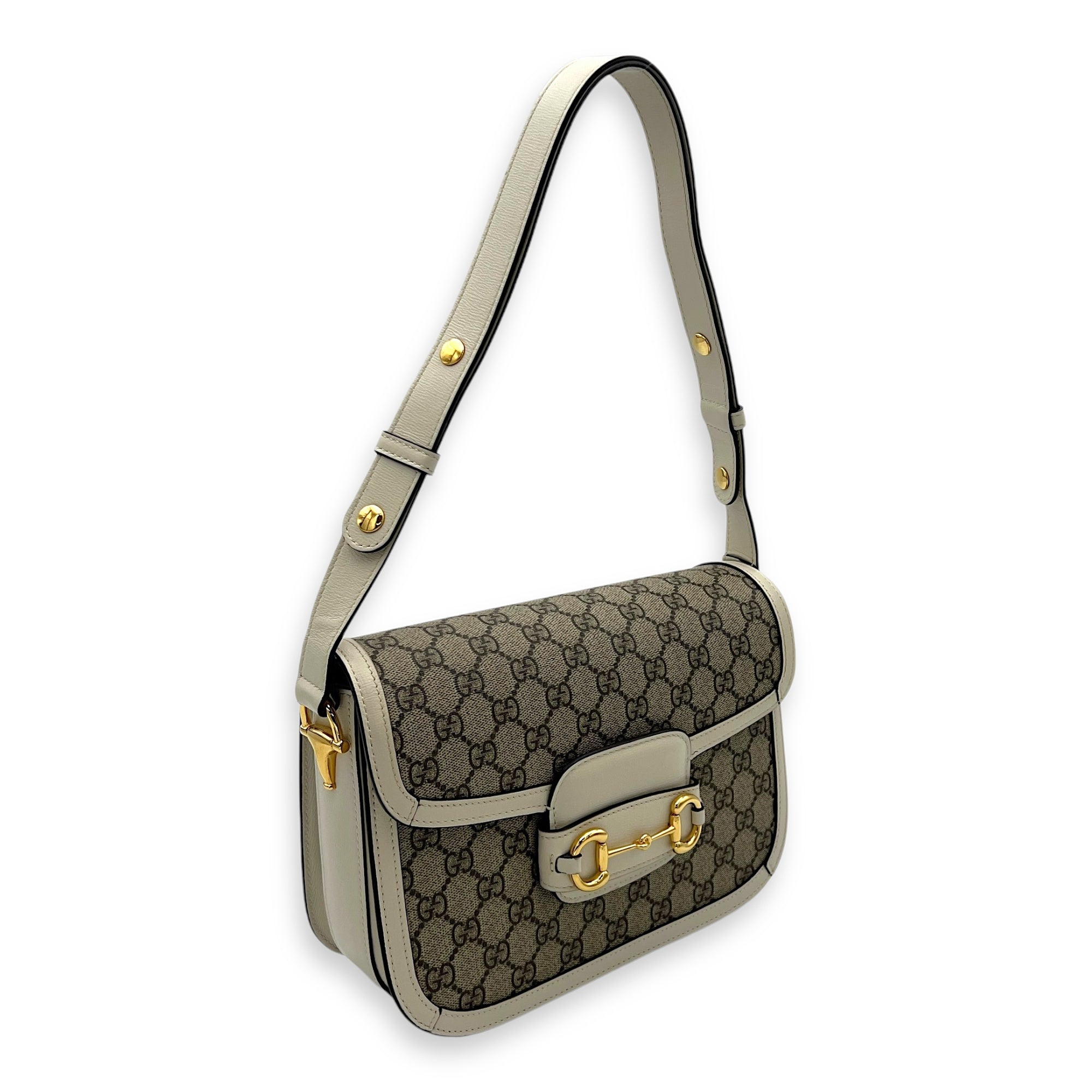 Horsebit 1955 White Shoulder Bag in Coated Canvas, Gold hardware