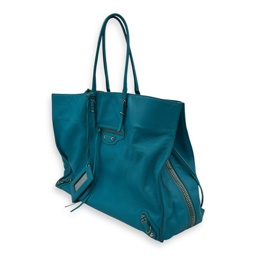 Papier Top Handle Bag Large Blue in Calfskin, Silver hardware